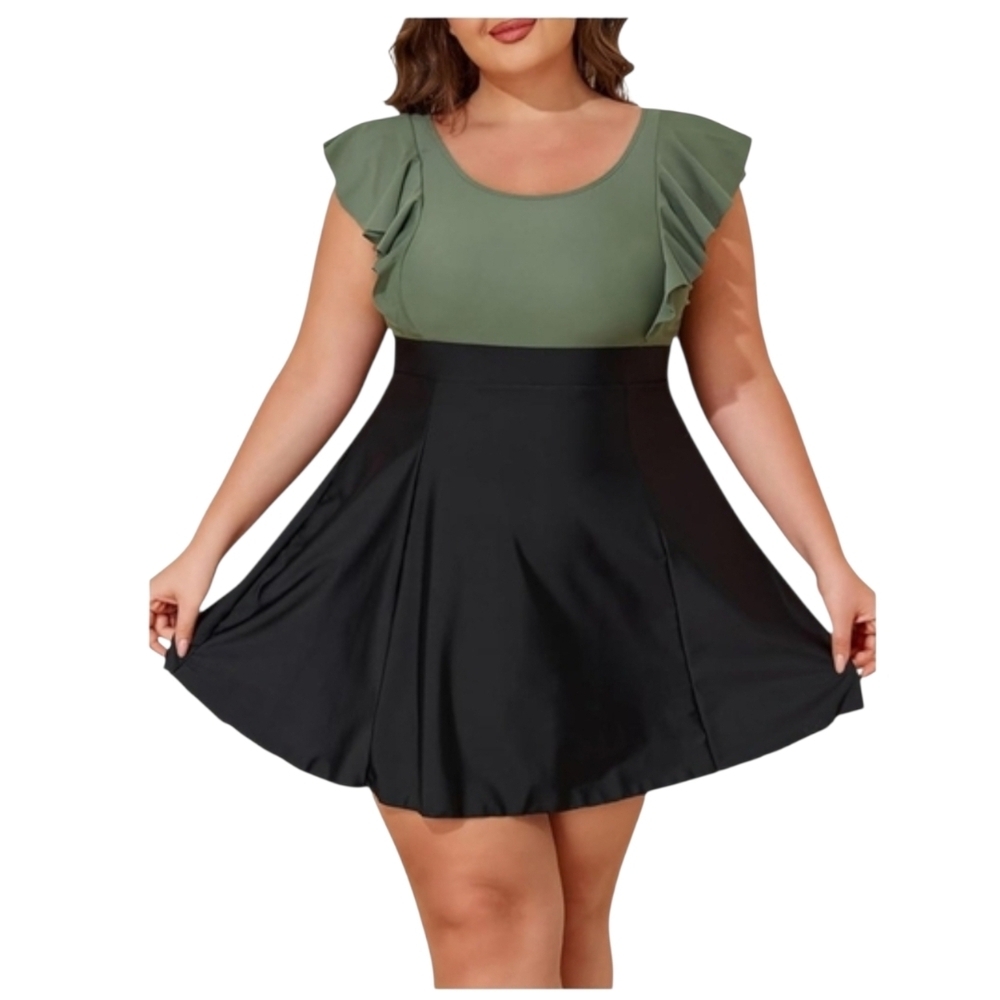 SMISMIVO - 4X Green & Black Ruffle Sleeve Swim Dress - Picture 3 of 13